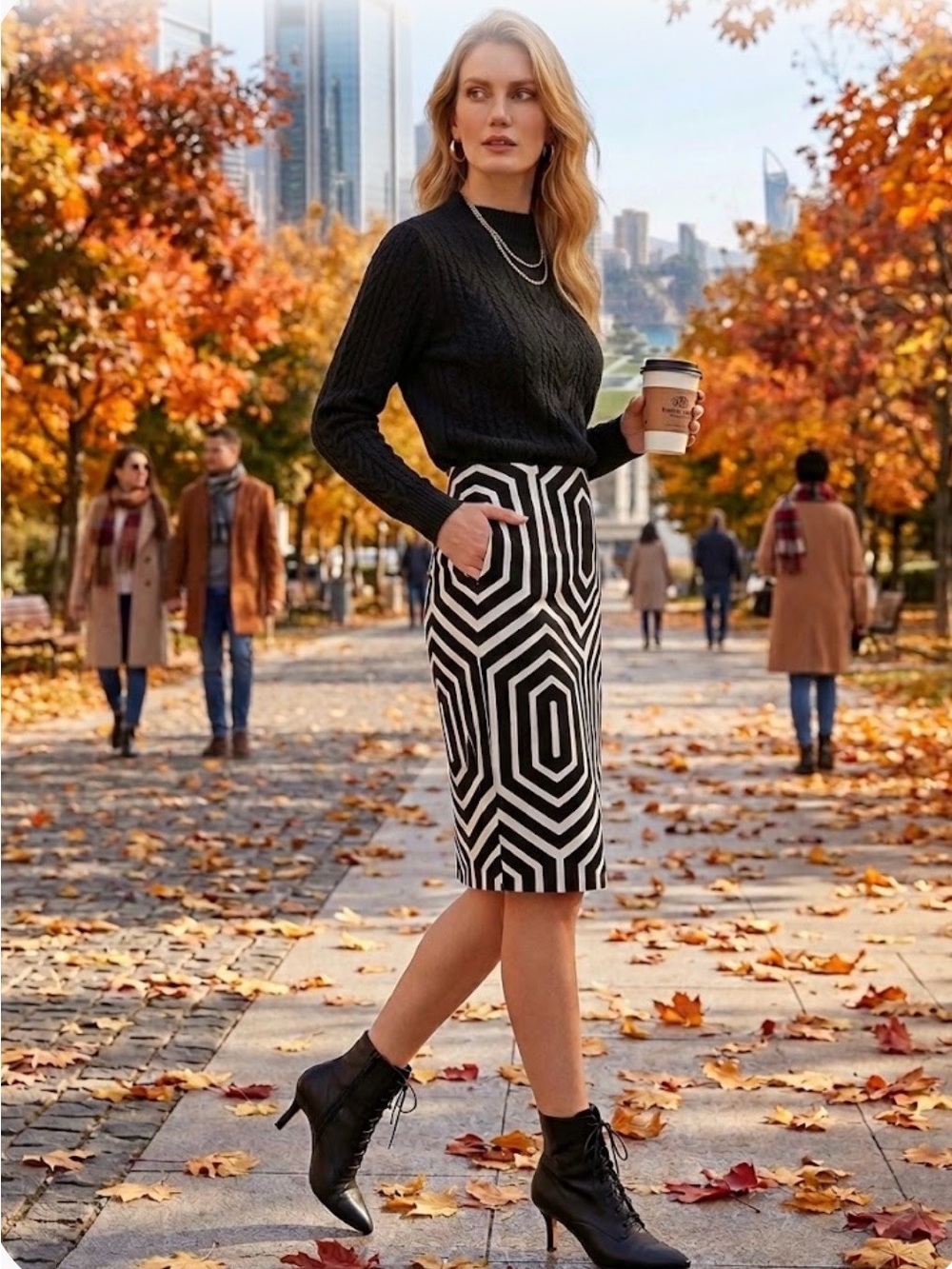 Black & White Geometric Pencil Skirt by